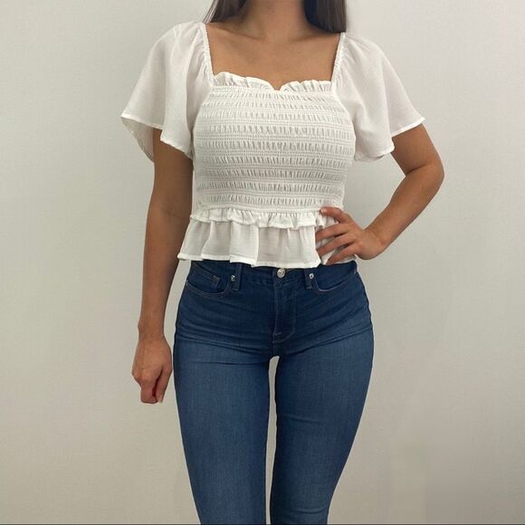 NWT Anthropologie White Smocked Crop Top with Flutter Sleeve - Picture 2 of 5